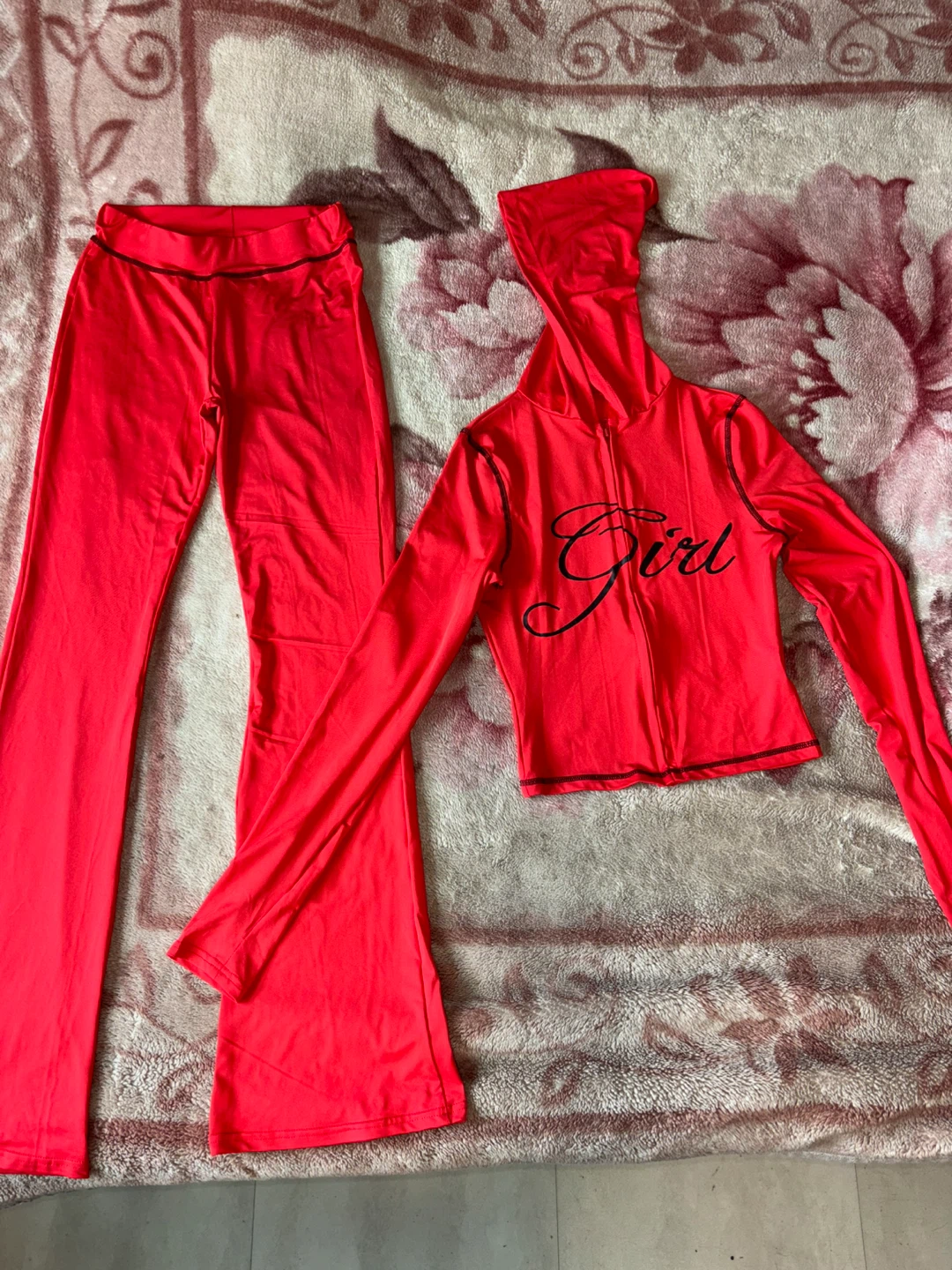 Red "Girl" Tracksuit Set - Hoodie & Bell Bottom Pants S