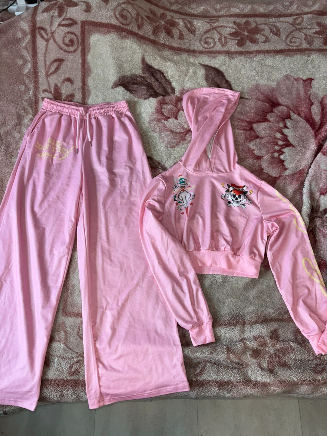 Ed Hardy Pink Skull Graphic Cropped Hoodie & Wide Leg Pants Set