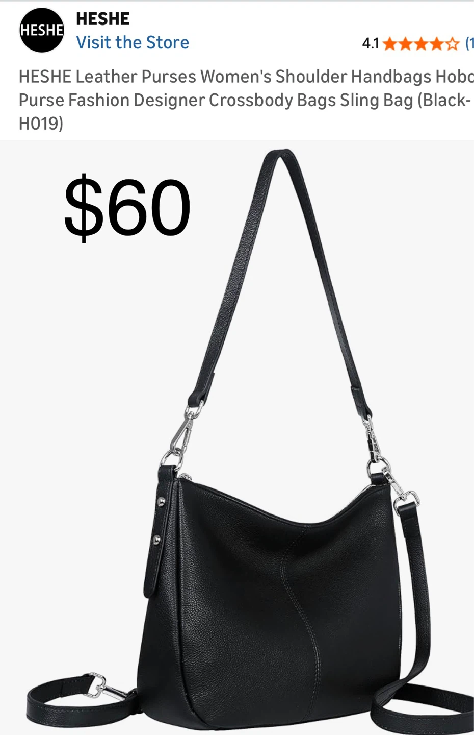 HESHE Black Leather Hobo Shoulder Bag