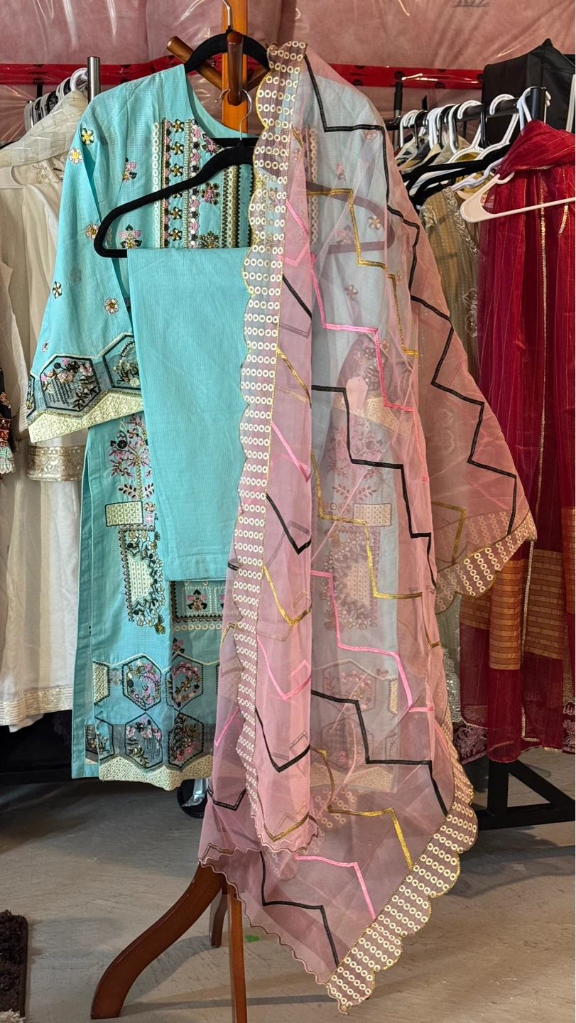 Embroidered Kurti, Pants, and Dupatta Set