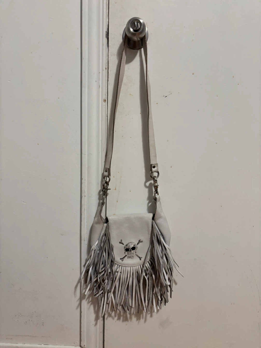 White Leather Fringe Crossbody Bag with Skull