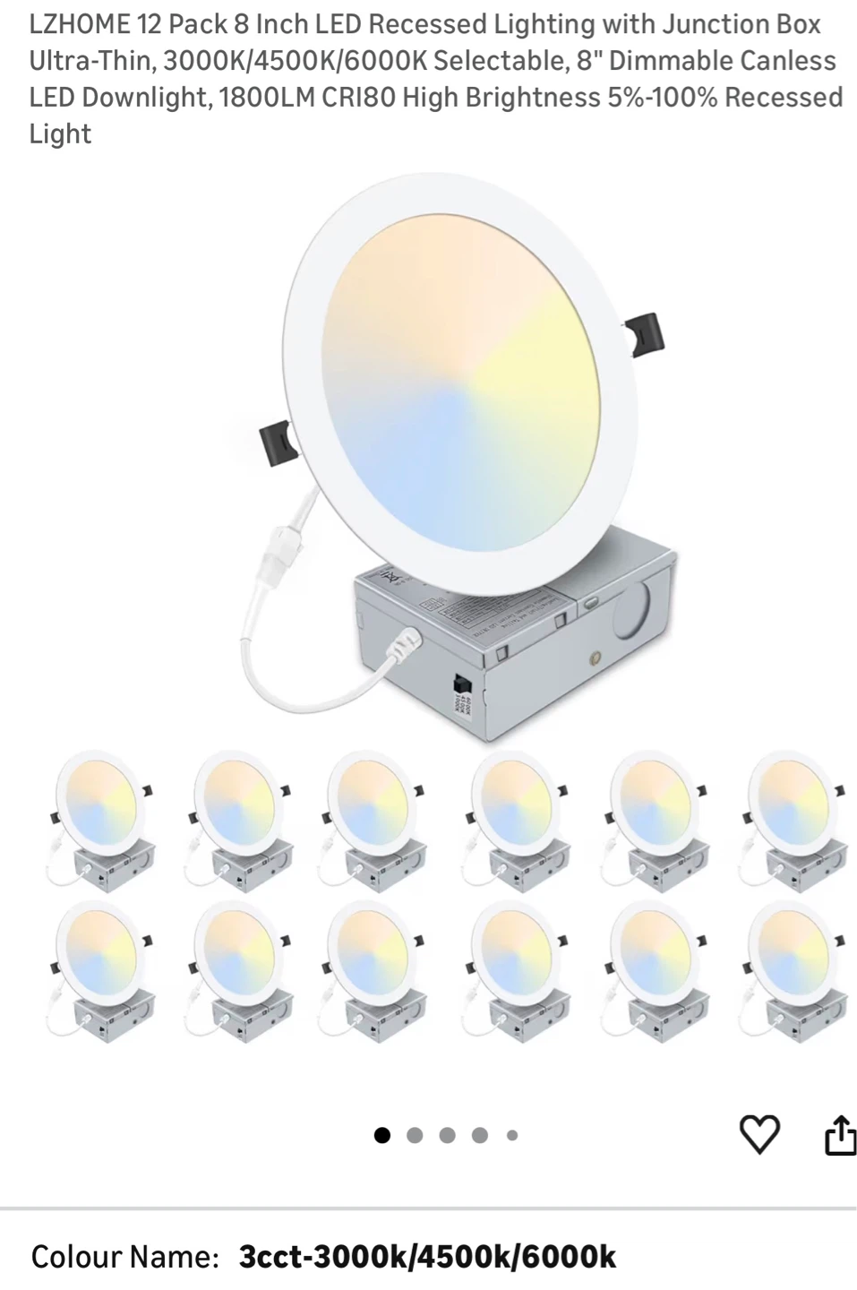 12 Pack 8 Inch LED Recessed Lighting 3000K/4500K/6000K  12P