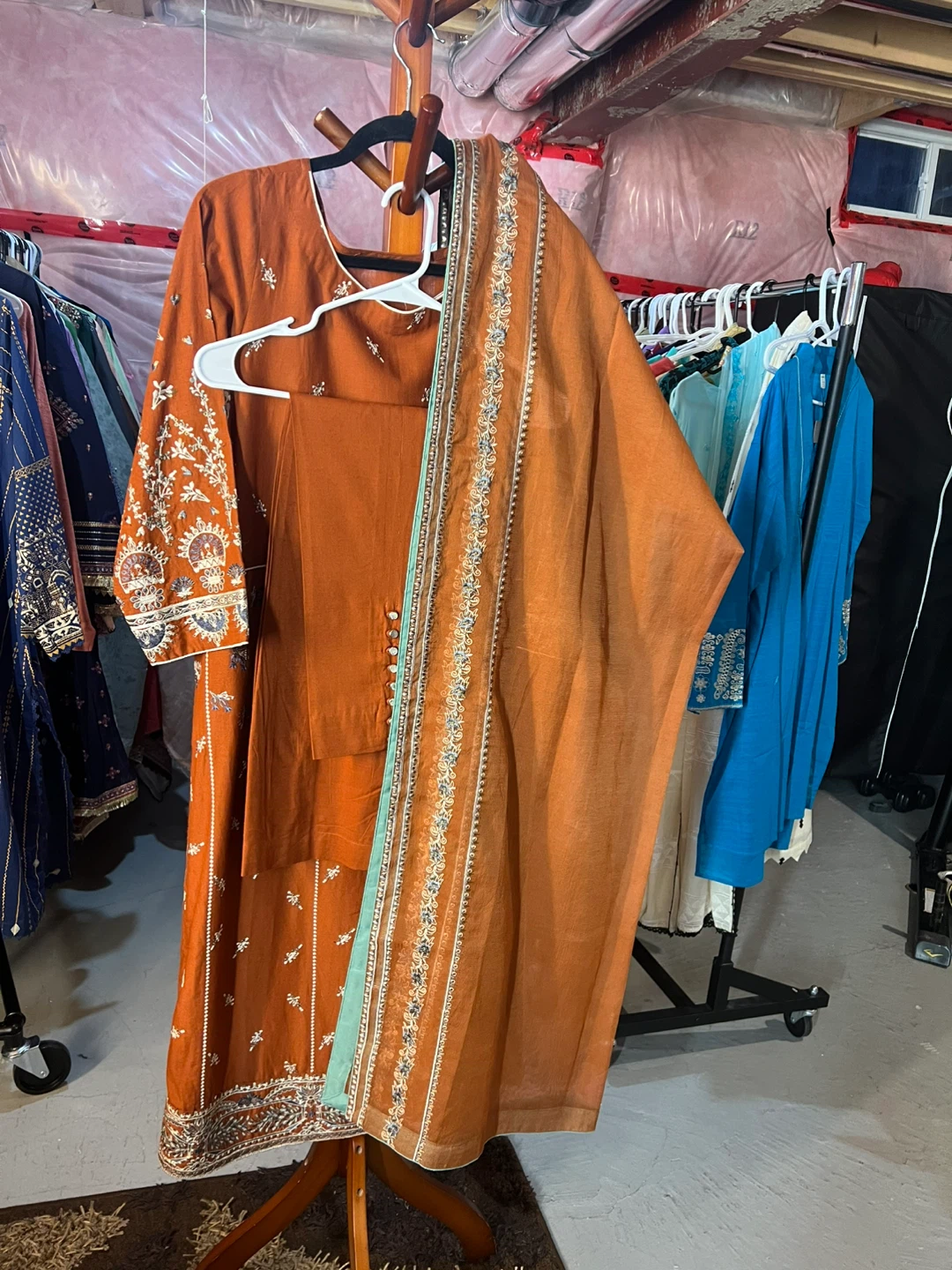 Rust  embroidered Kurti with Pants and Dupatta