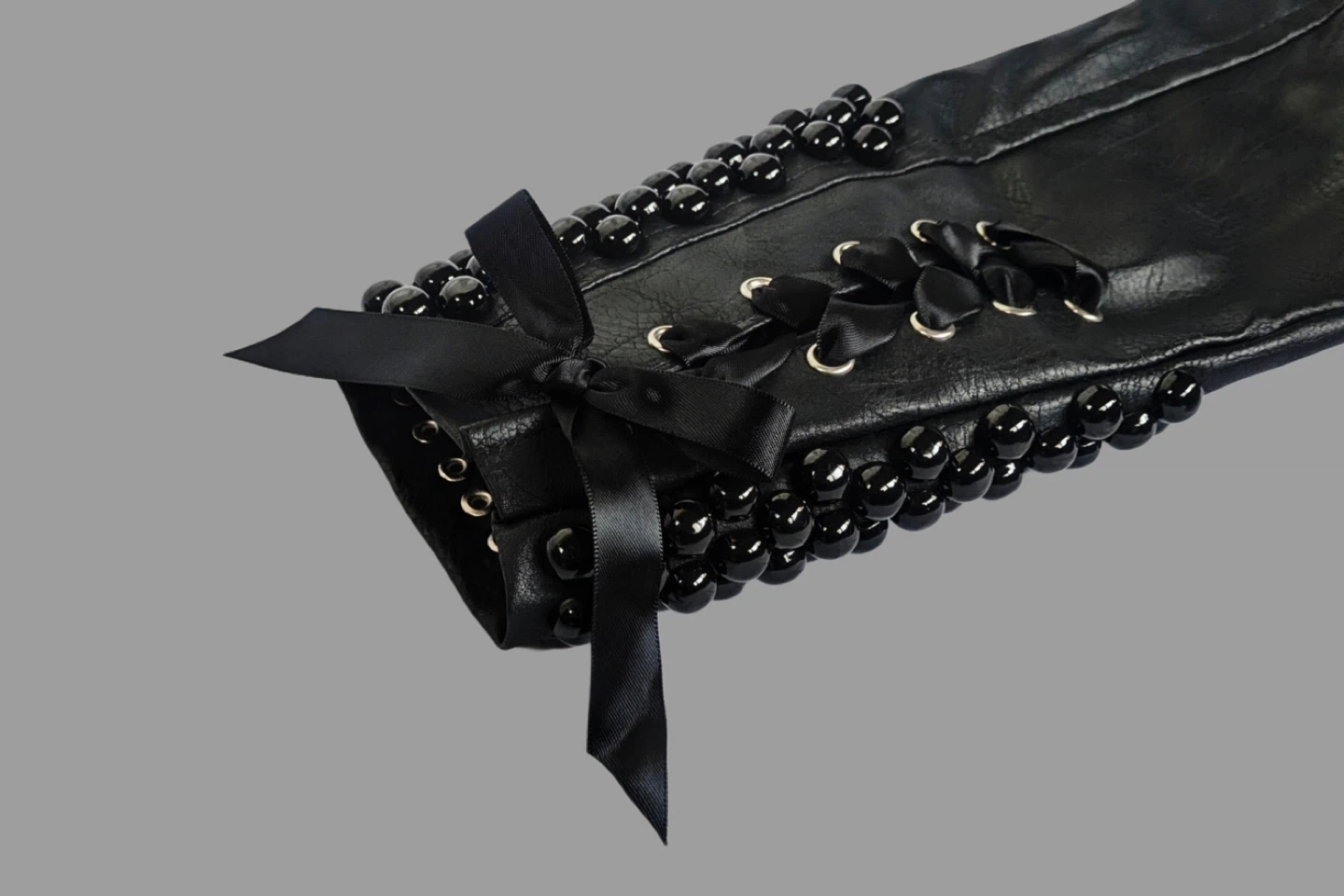 Black Faux Leather Studded Moto Jacket with Lace-Up Cuffs - photo 4