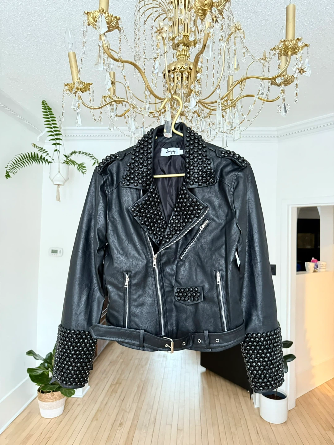 Black Faux Leather Studded Moto Jacket with Lace-Up Cuffs - photo 2