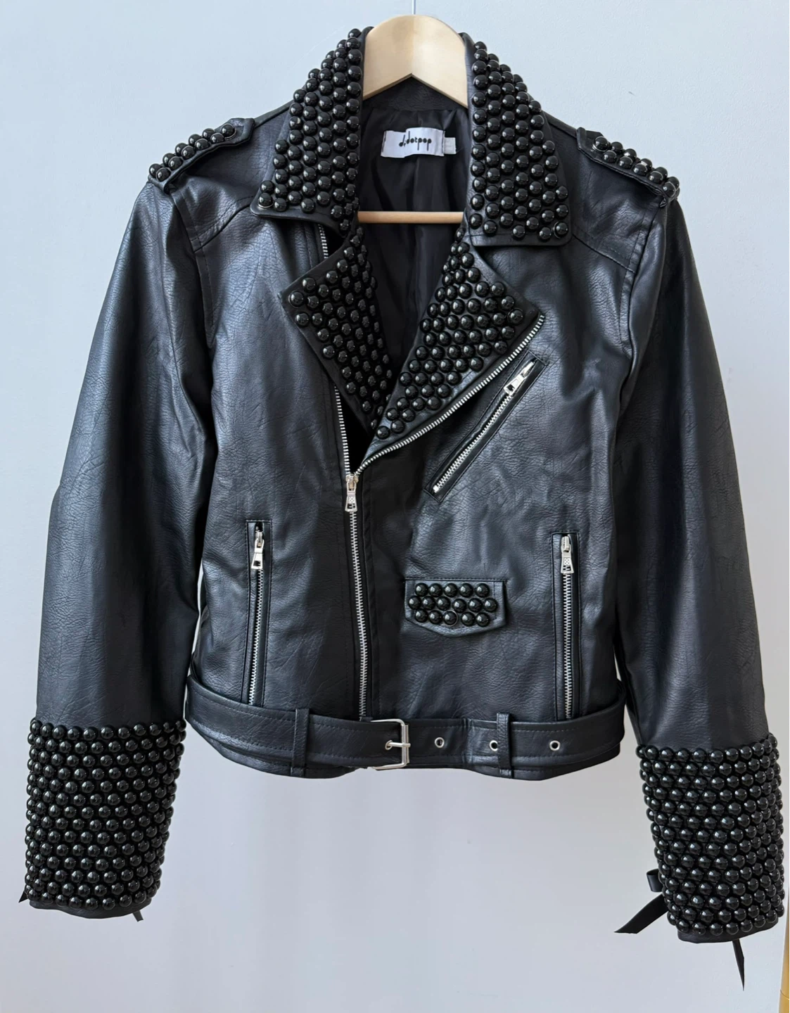 Black Faux Leather Studded Moto Jacket with Lace-Up Cuffs