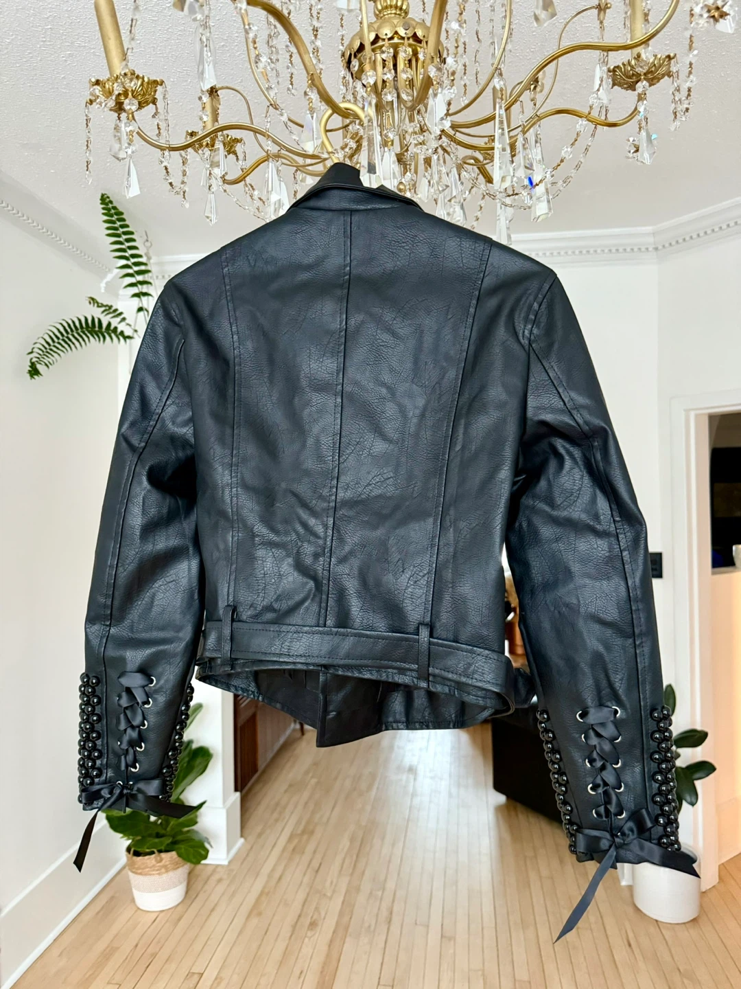 Black Faux Leather Studded Moto Jacket with Lace-Up Cuffs - photo 3