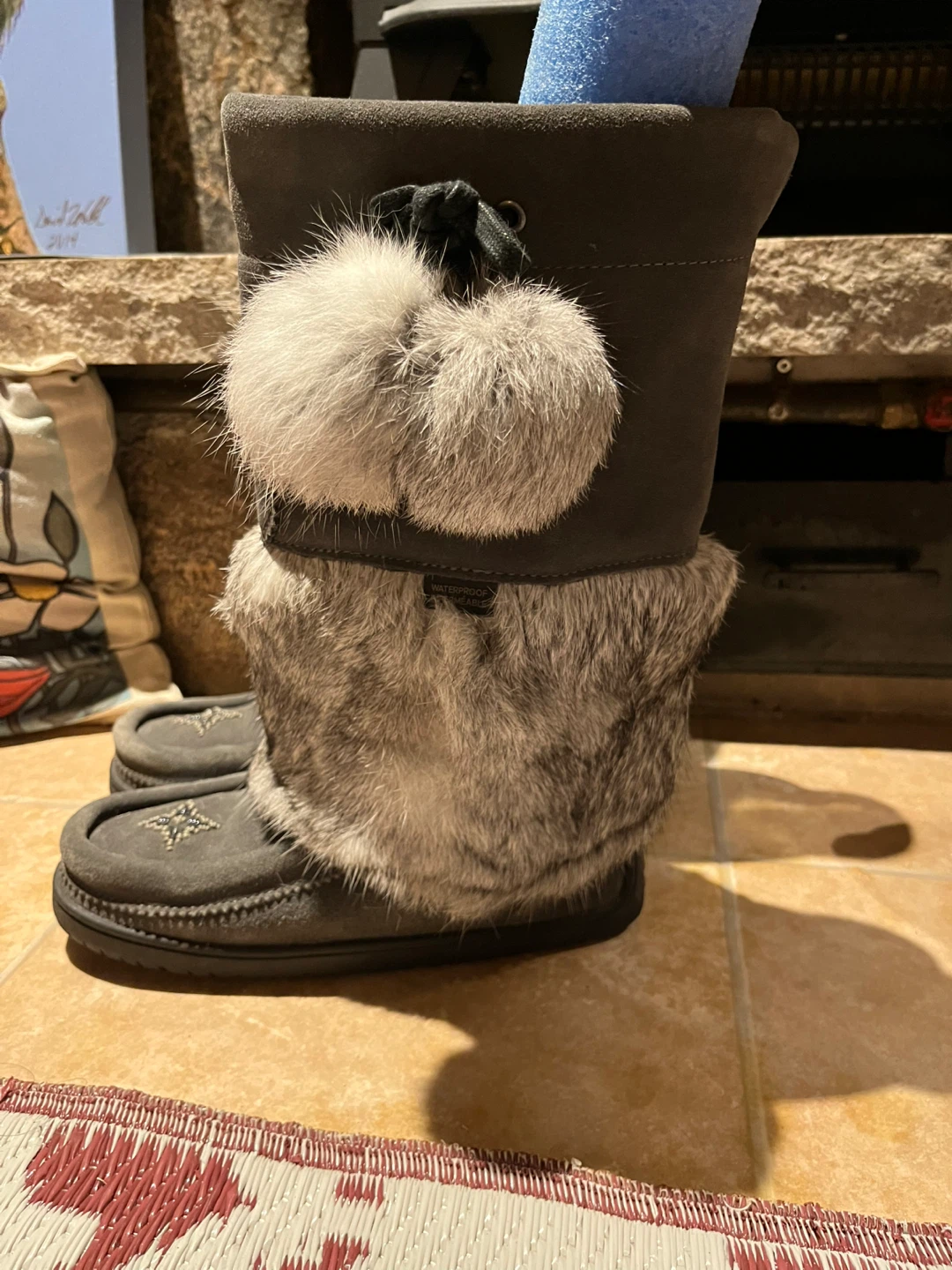 Grey Suede and Fur Boots with Pom Poms
