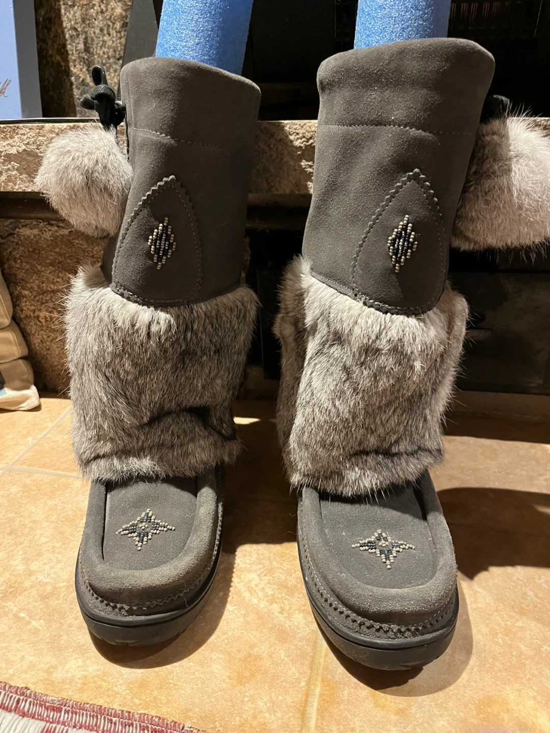 Grey Suede and Fur Boots with Pom Poms - photo 3