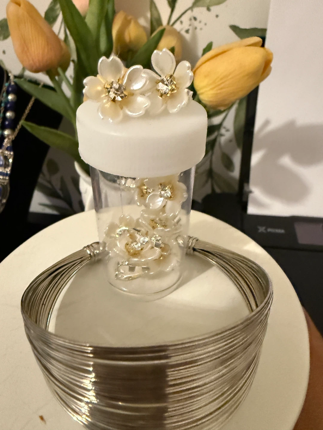 10 Flower Stud hair clips-and Silver Tone Bangle Bracelet Set