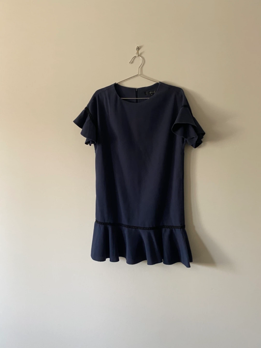 Navy Blue Dress with Ruffle Sleeves and Hem