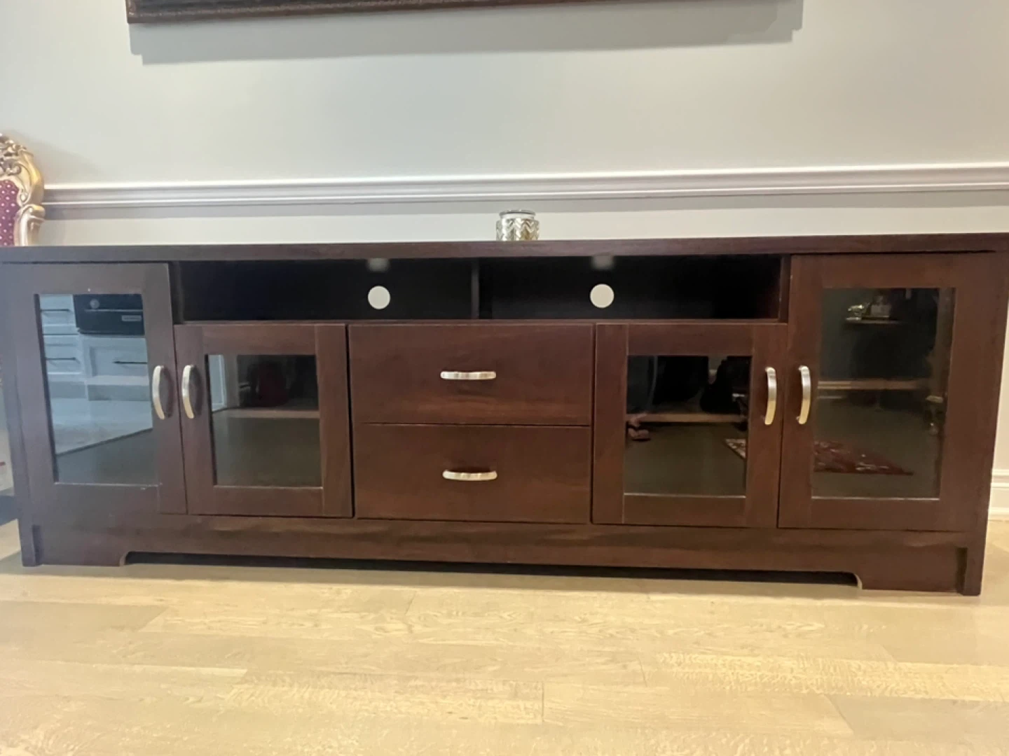 Dark Wood TV Stand with Glass Doors