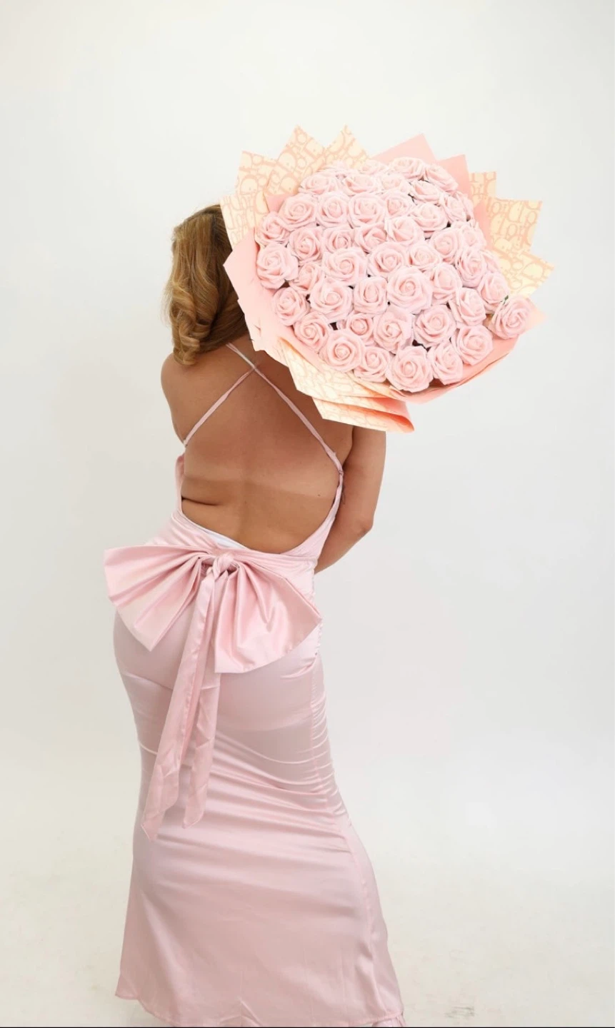 Pink Satin Spaghetti Strap Evening Gown with Bow - photo 2