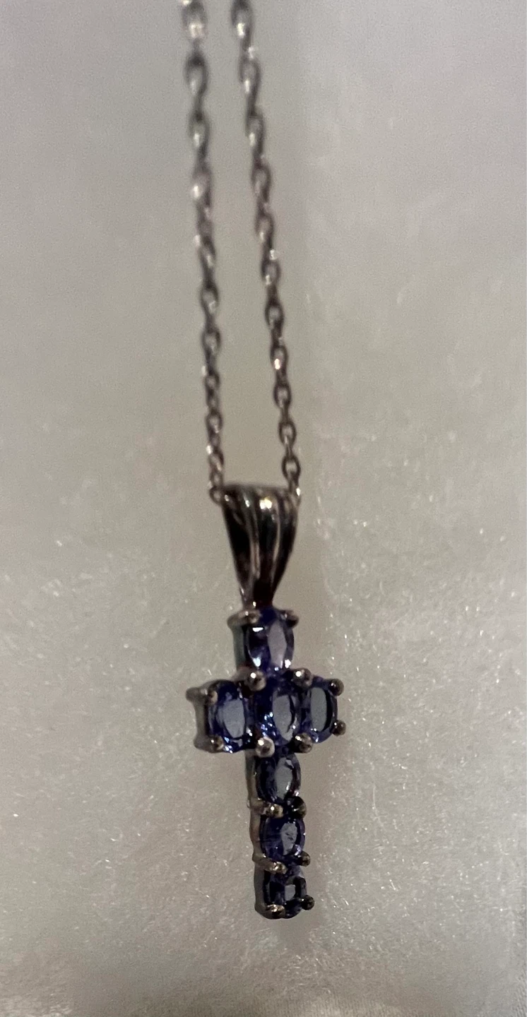 Silver-tone Cross Necklace with Tanzanite Stones