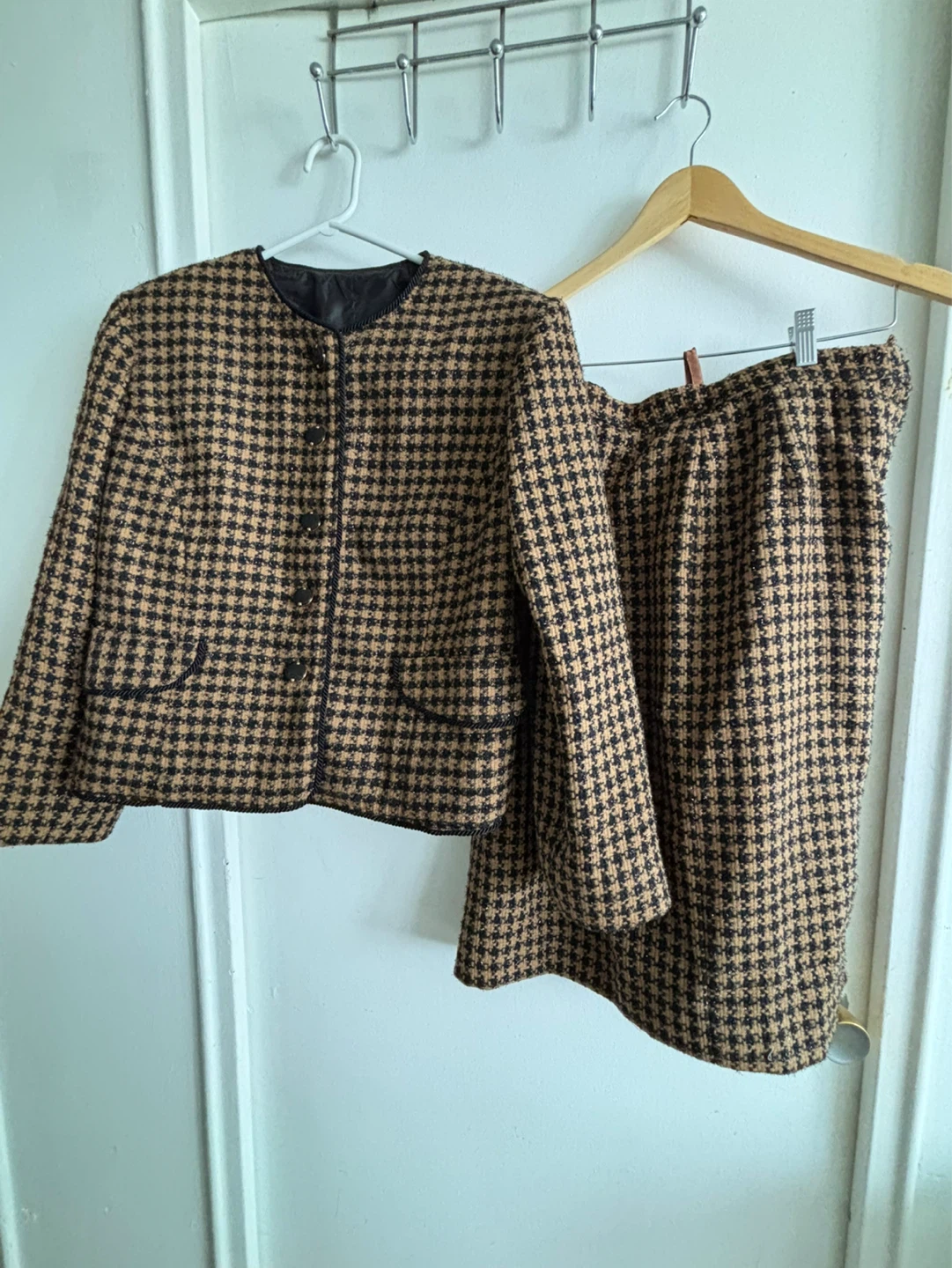Brown and Black Houndstooth Jacket and Skirt Set