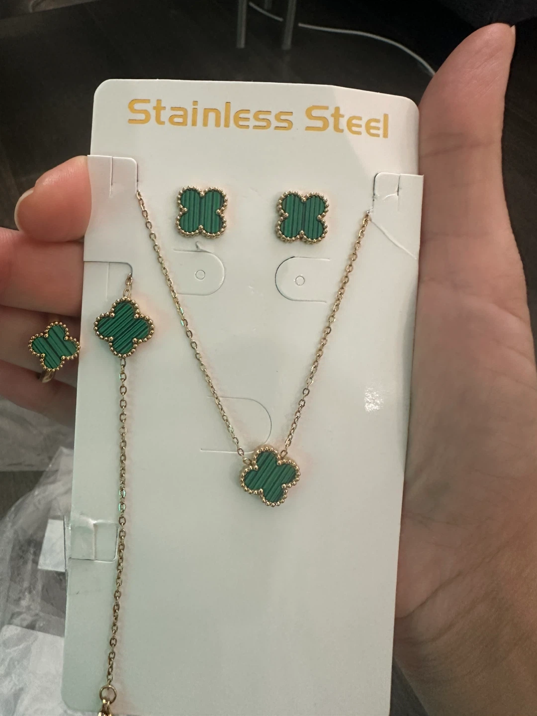 Green Clover Necklace, Bracelet, Ring & Earrings Jewelry Set - photo 2
