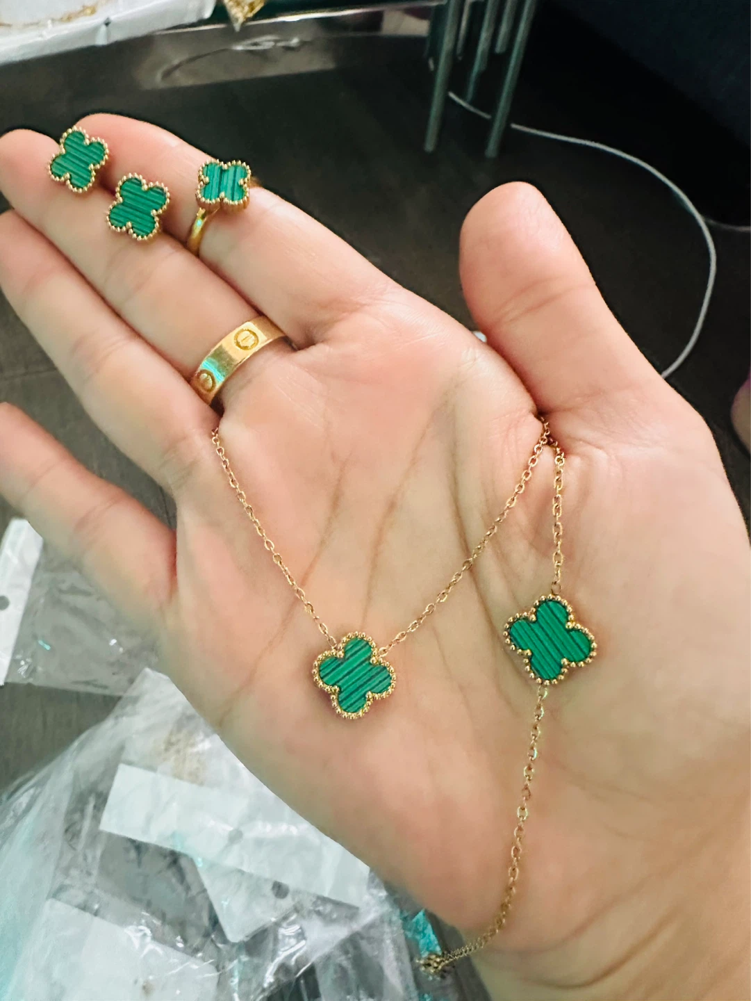 Green Clover Necklace, Bracelet, Ring & Earrings Jewelry Set