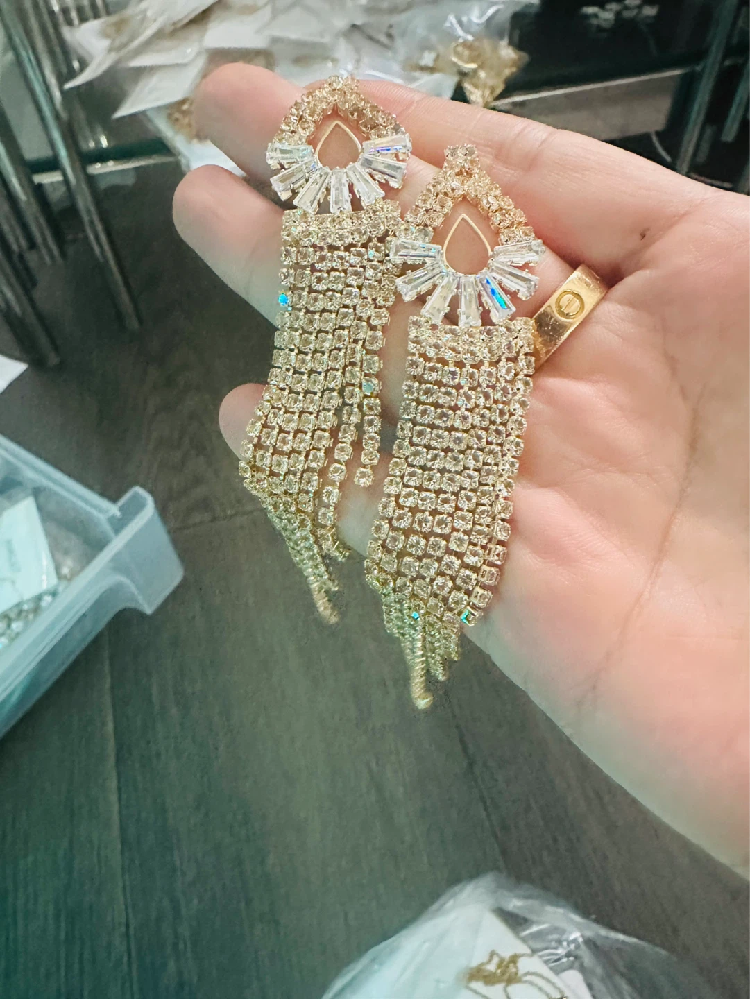 Gold Tassel Drop Earrings with Rhinestones