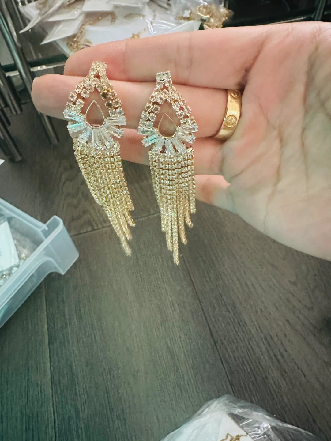 Gold Tassel Drop Earrings with Rhinestones - photo 2