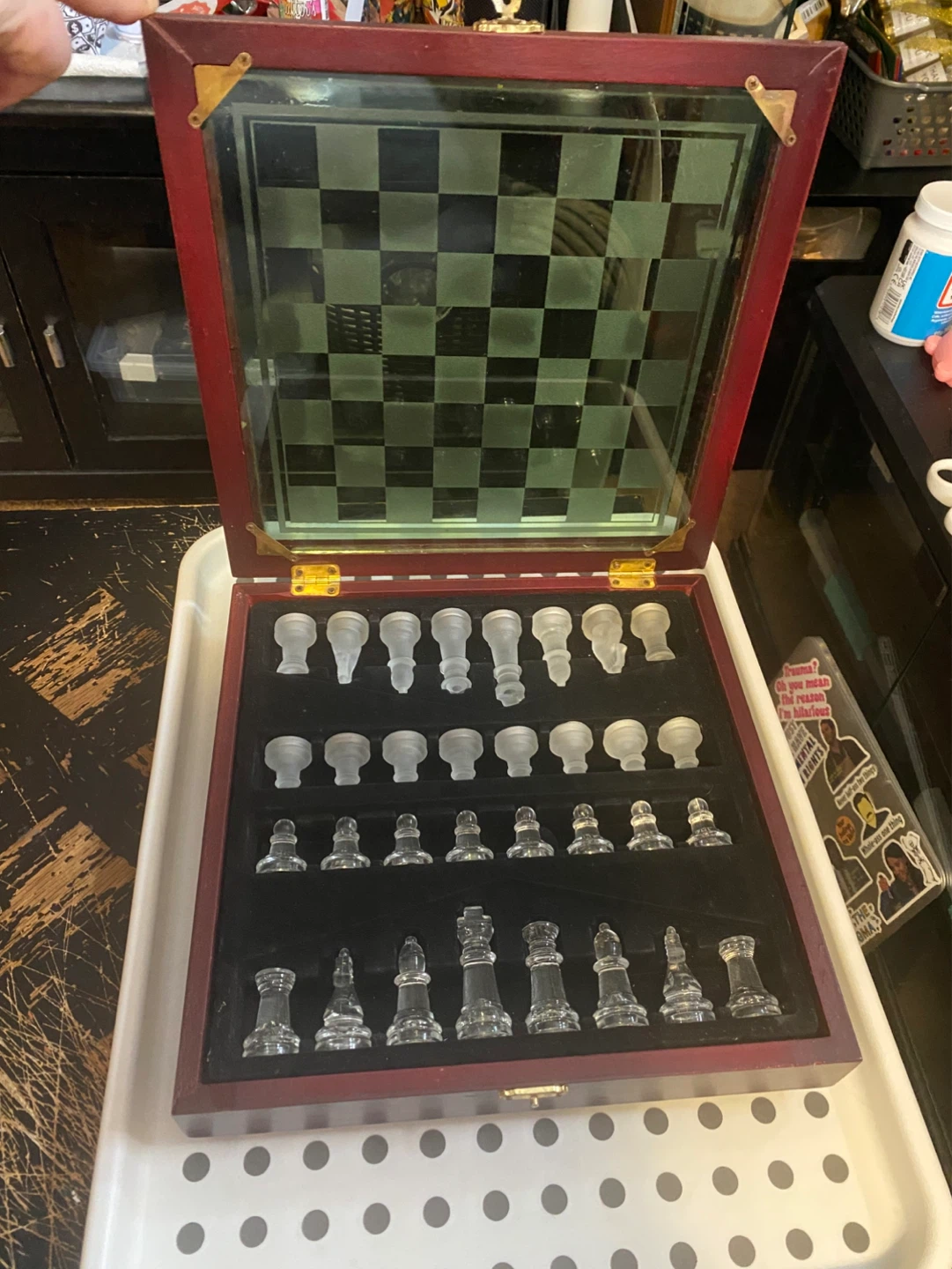 Glass Chess Set with Wooden Box