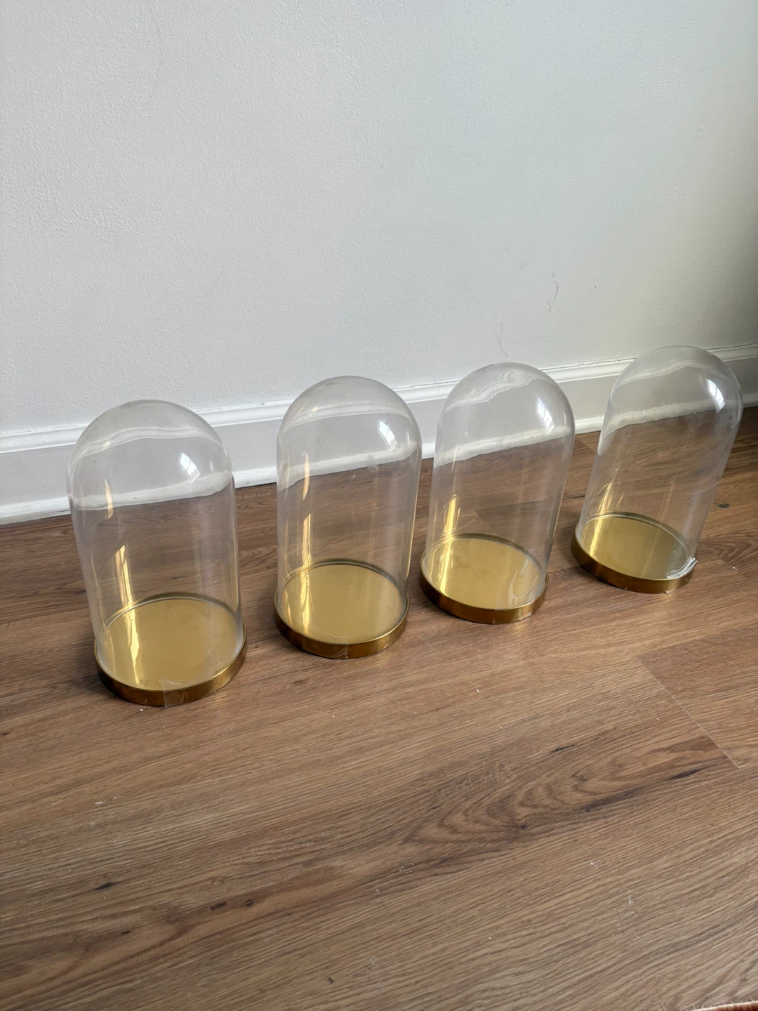 Set of 4 Clear Glass Dome Cloches with Gold Bases