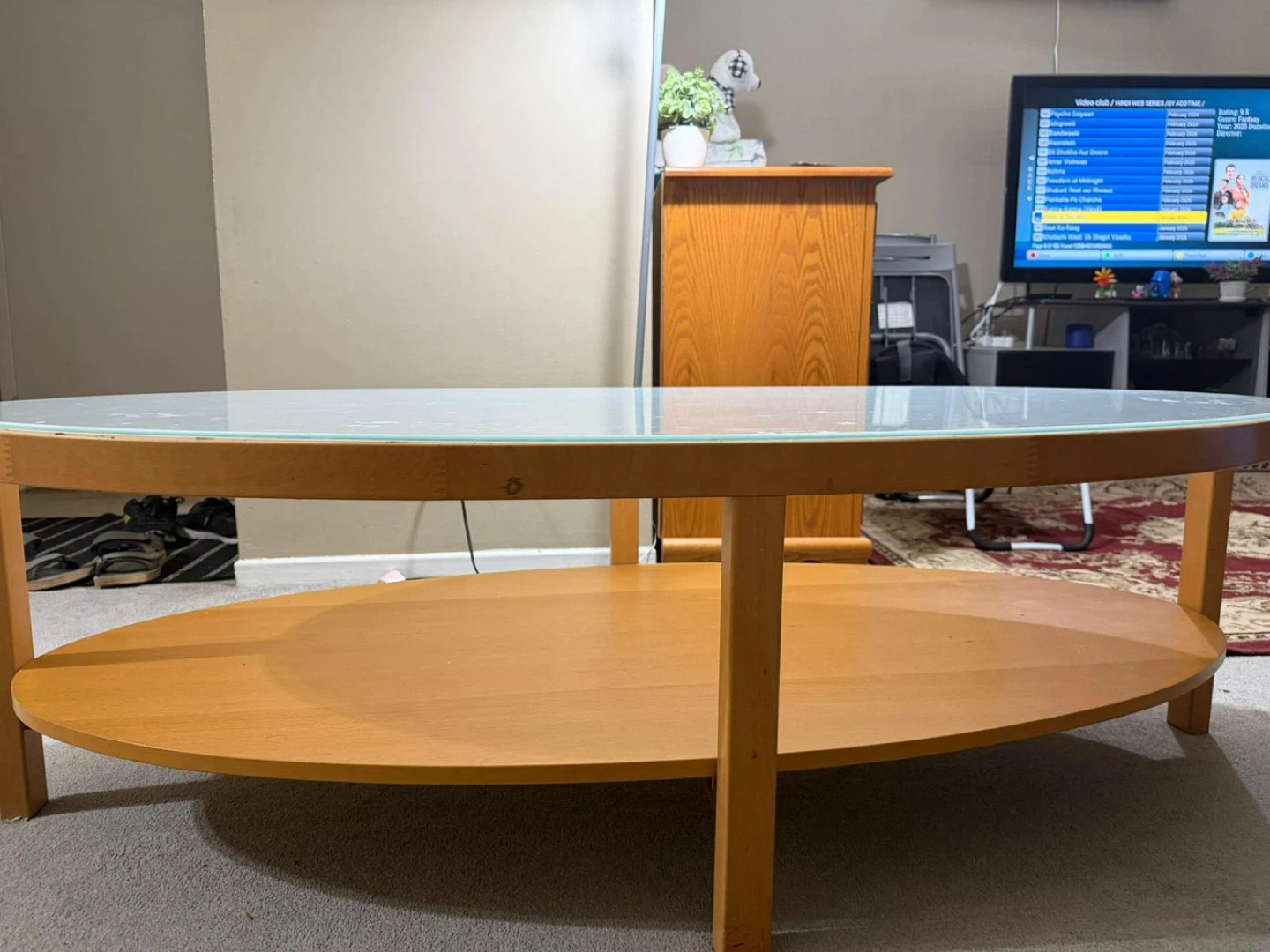 Oval Coffee Table with Glass Top and Wood Frame - photo 2