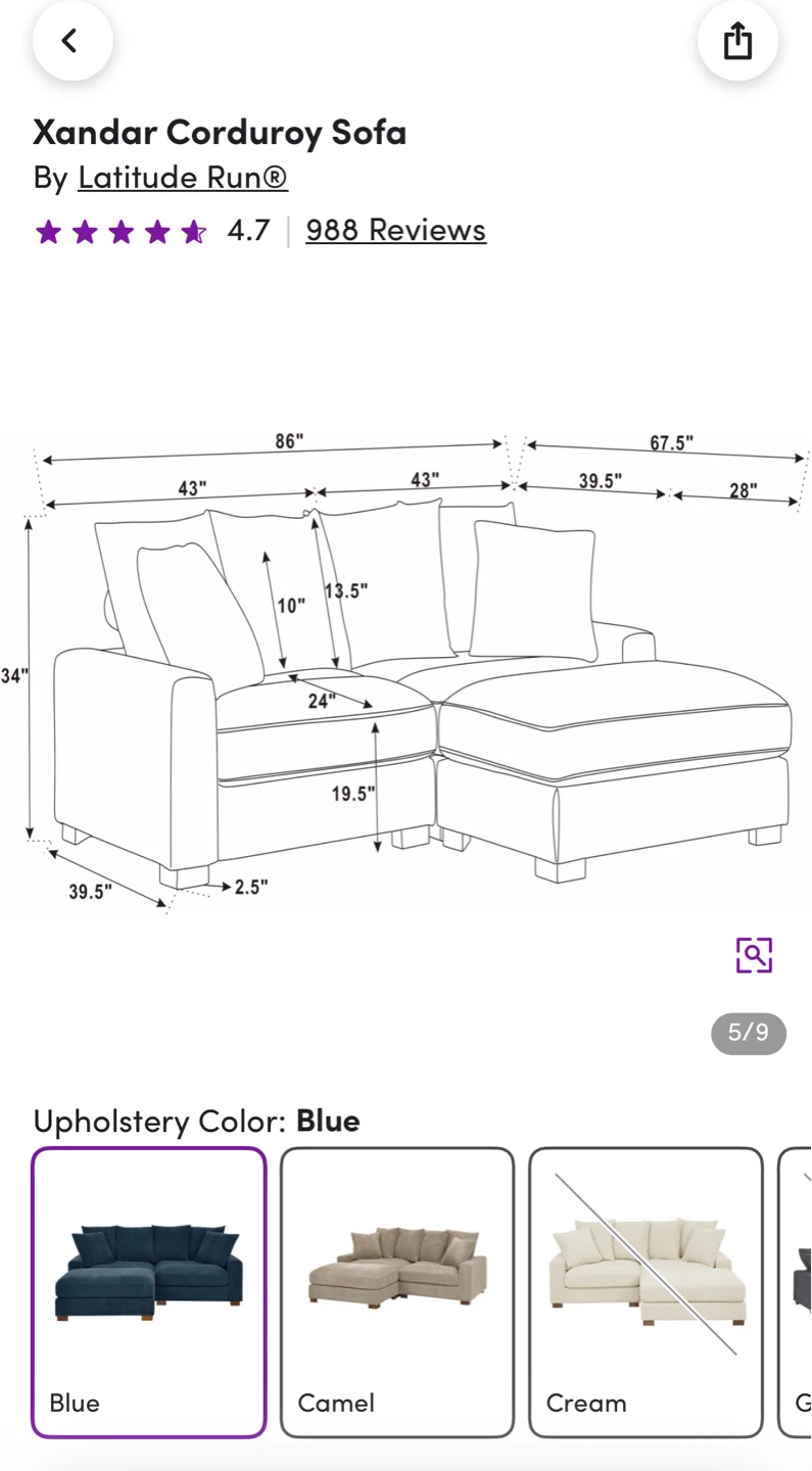 Latitude Run Xandar Corduroy Sofa - Blue - photo 3