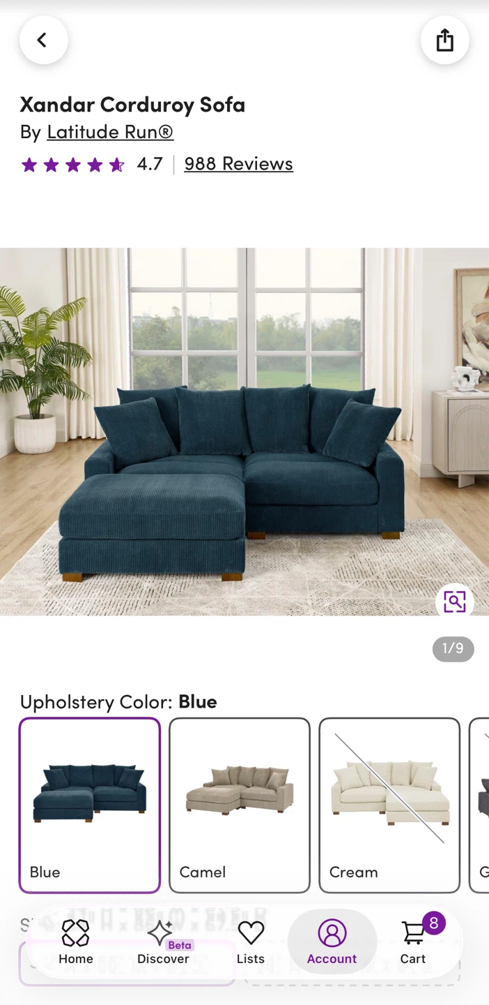 Latitude Run Xandar Corduroy Sofa - Blue
