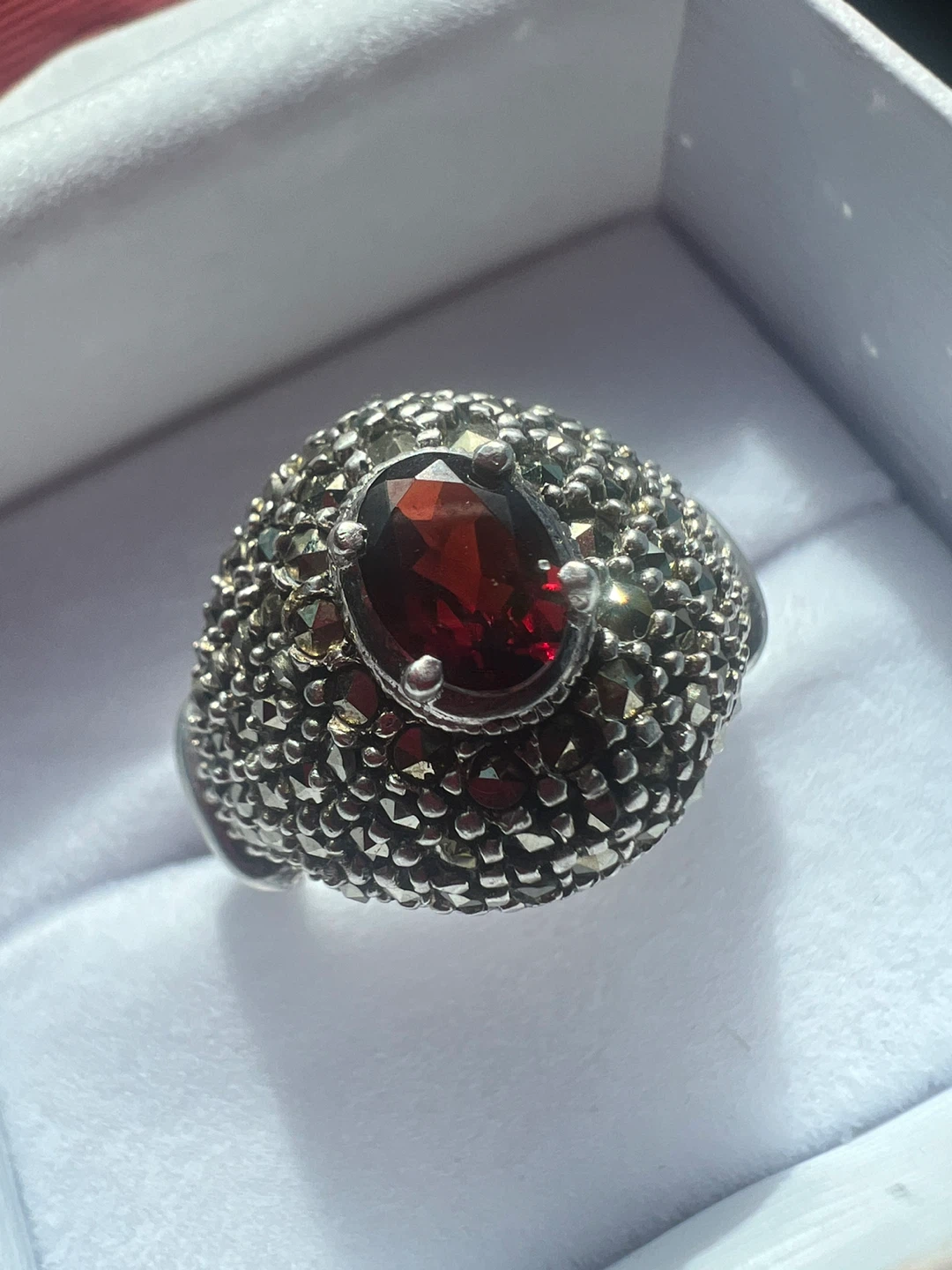 Sterling Silver Garnet and Marcasite Ring