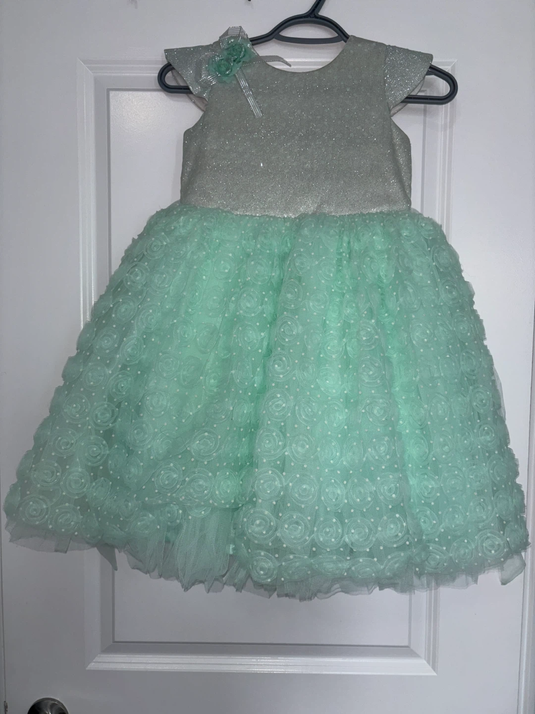 Girls Mint Green & Silver Sparkle Flower Dress