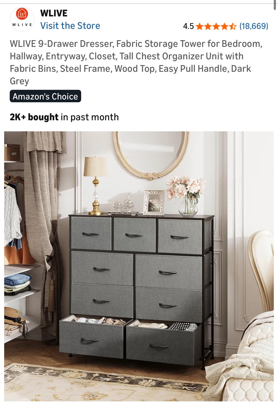 WLIVE 9-Drawer Dresser Fabric Storage Tower - Dark Grey - photo 3