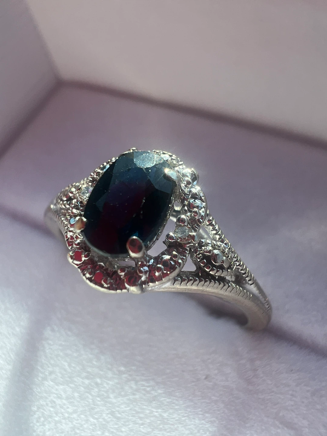 10K White Gold Sapphire Ring with Diamond Accents