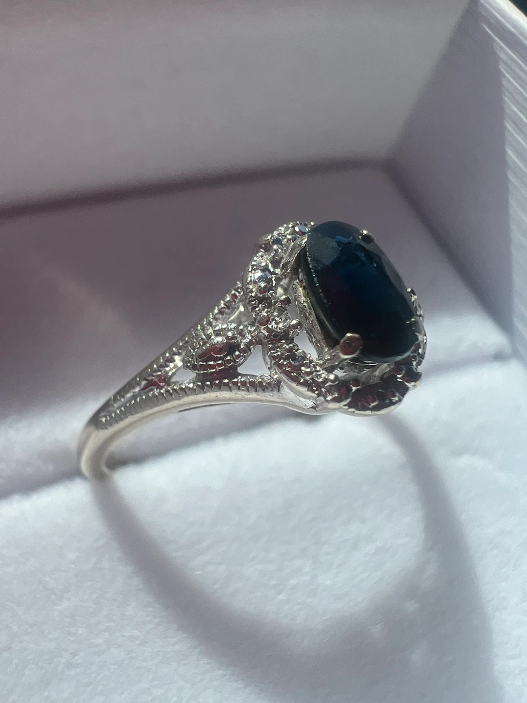 10K White Gold Sapphire Ring with Diamond Accents - photo 2
