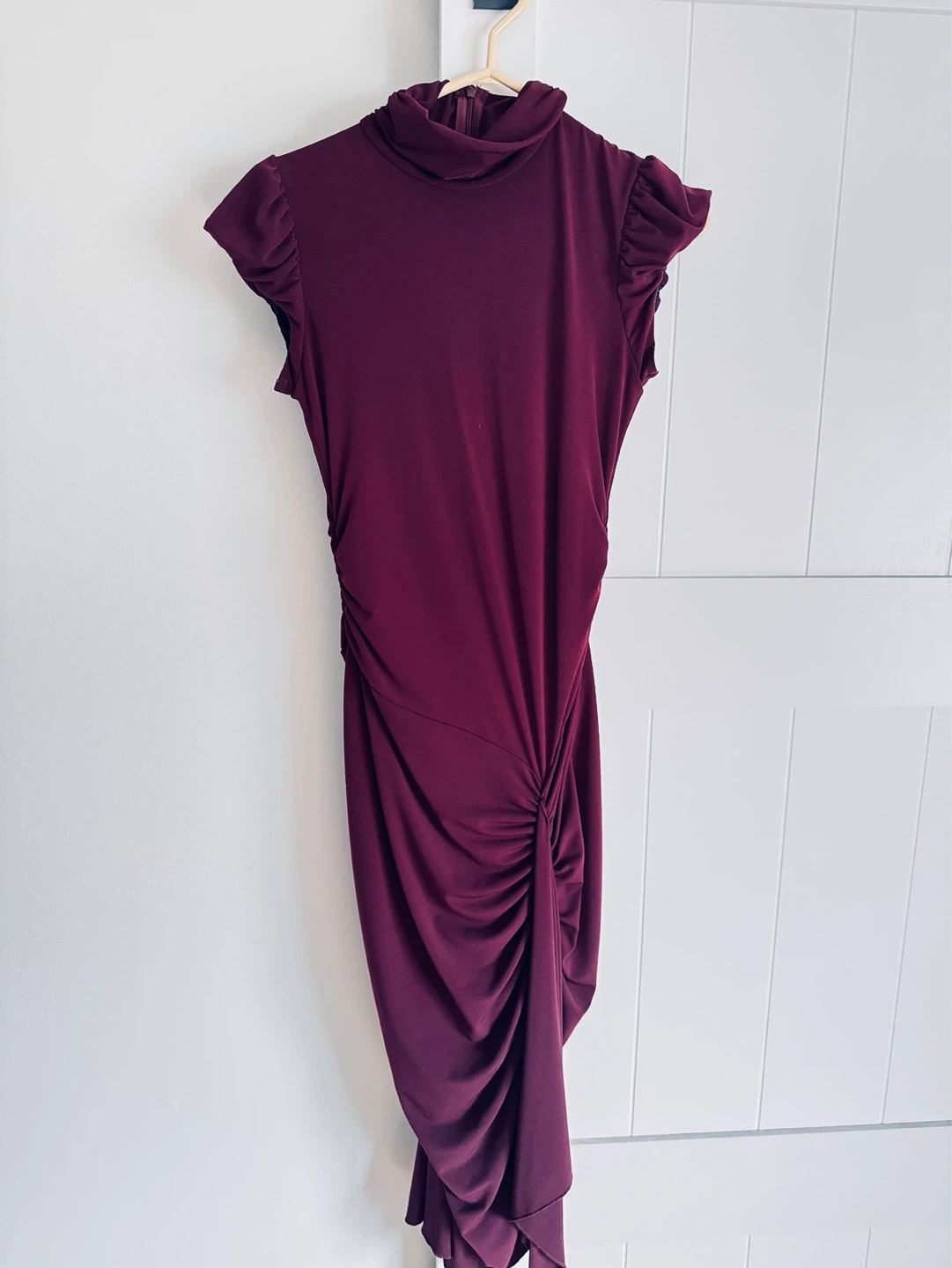 Burgundy Ruched Mock Neck Dress