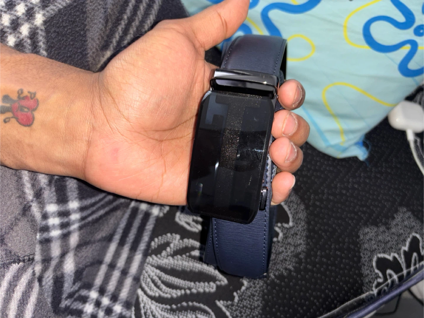Blue Leather Belt with Black Buckle