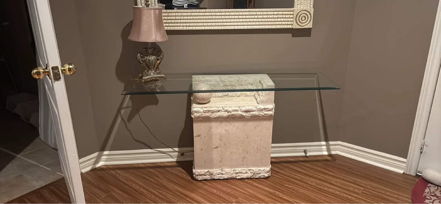 Glass Top Console Table with Stone Pedestal Base
