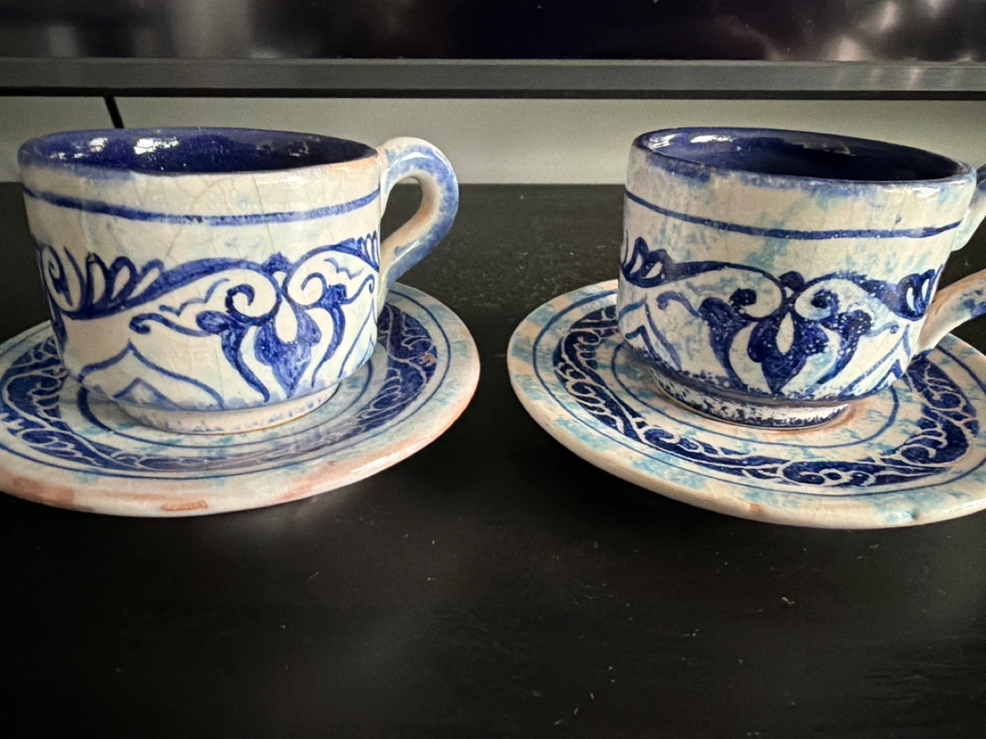 Set of 2 Blue and White Ceramic Turkish Coffee Cups and Saucers