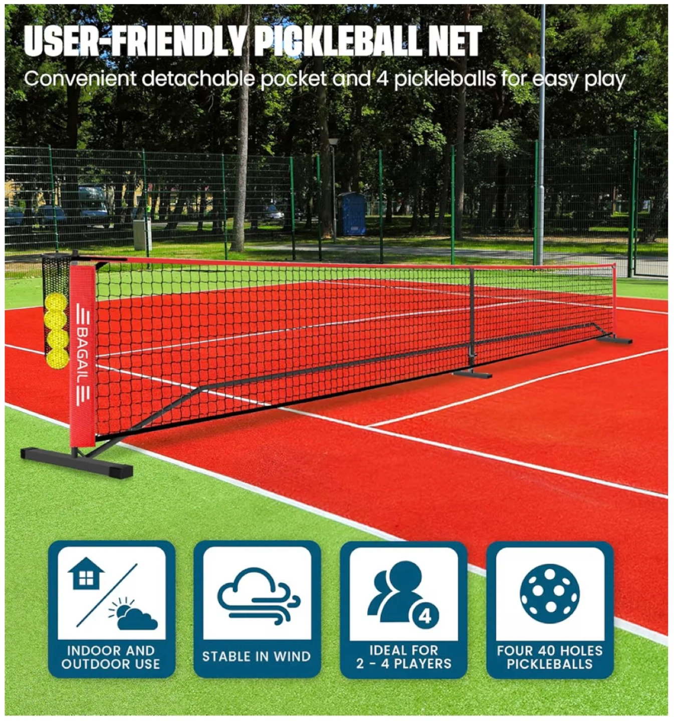 BAGAILE 22FT Pickleball Net System with 4 Balls - photo 5