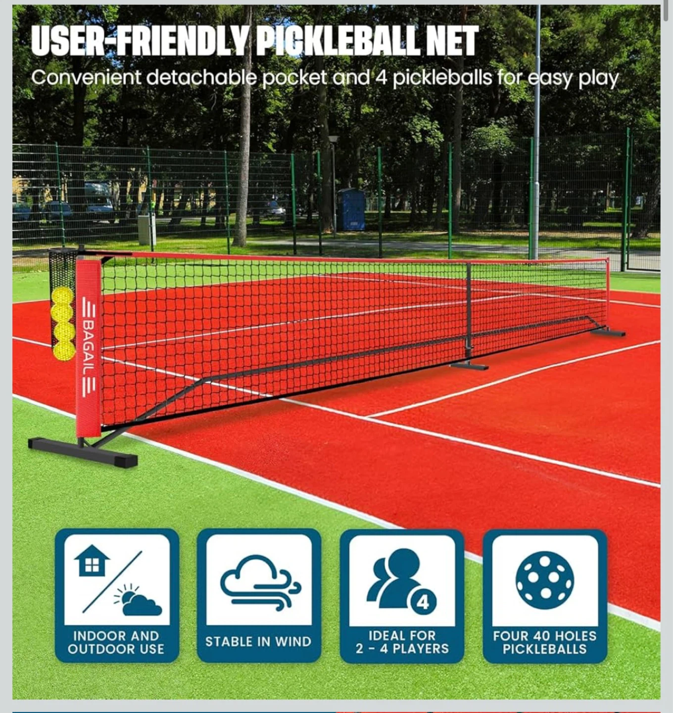 BAGAILE 22FT Pickleball Net System with 4 Balls - photo 3