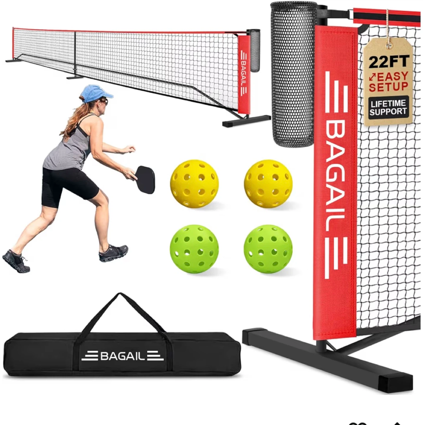BAGAILE 22FT Pickleball Net System with 4 Balls