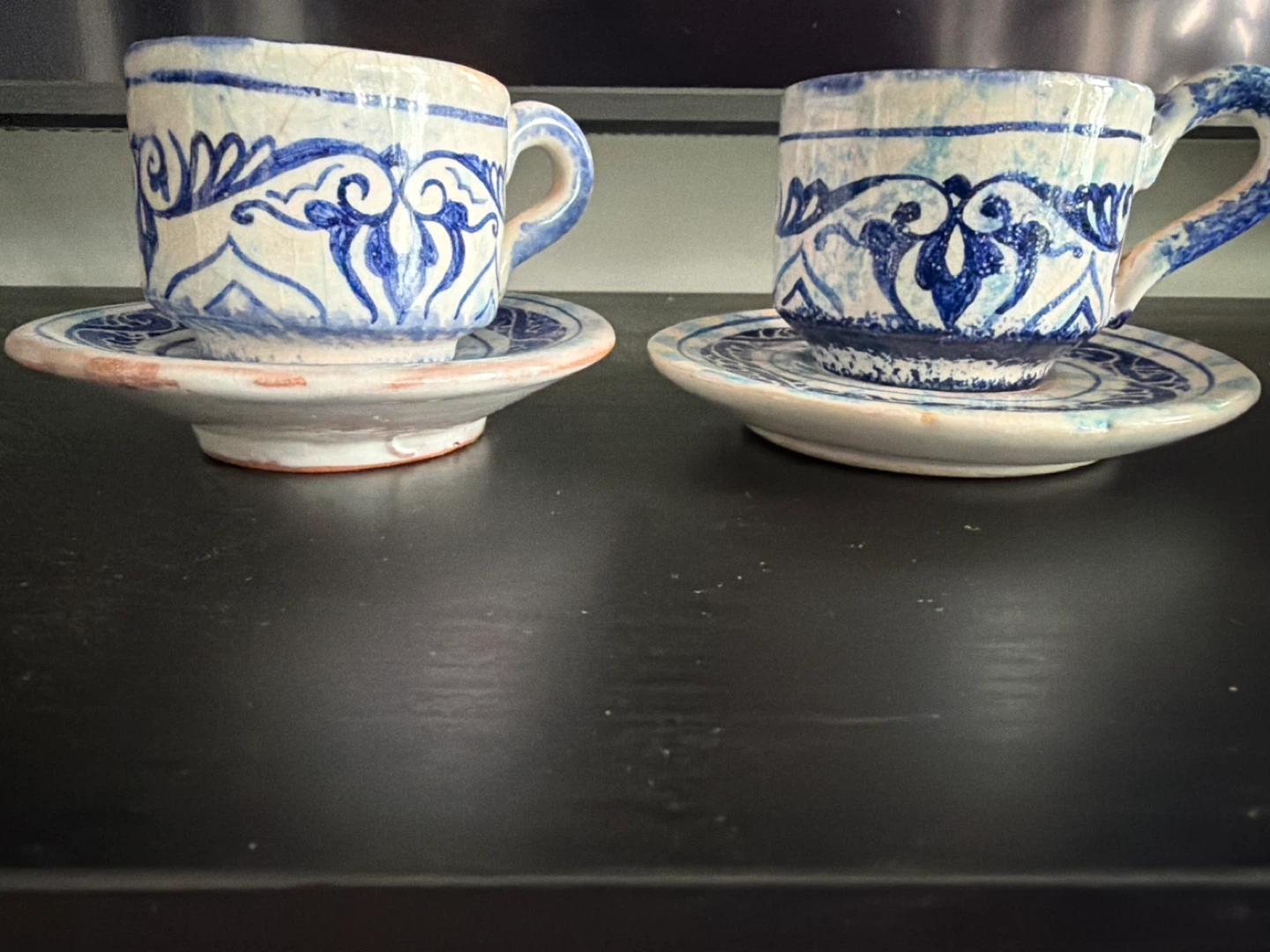Set of 2 Blue and White Ceramic Turkish Coffee Cups and Saucers - photo 3