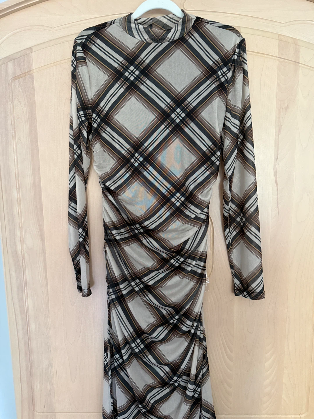 Women's Tartan Mesh Ruched Midi Dress