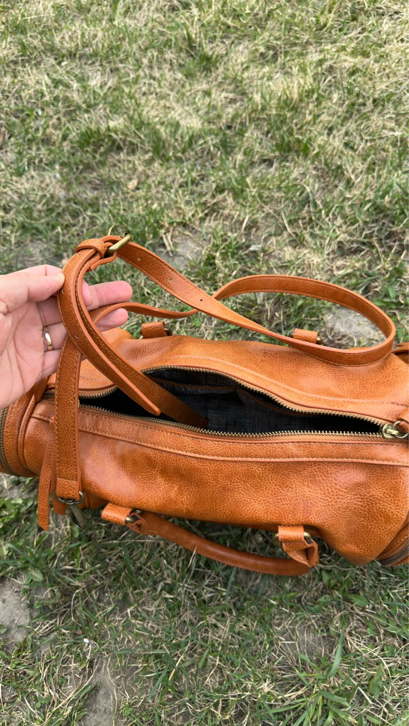 Brown Faux Leather Duffle Bag with Adjustable Strap - photo 4