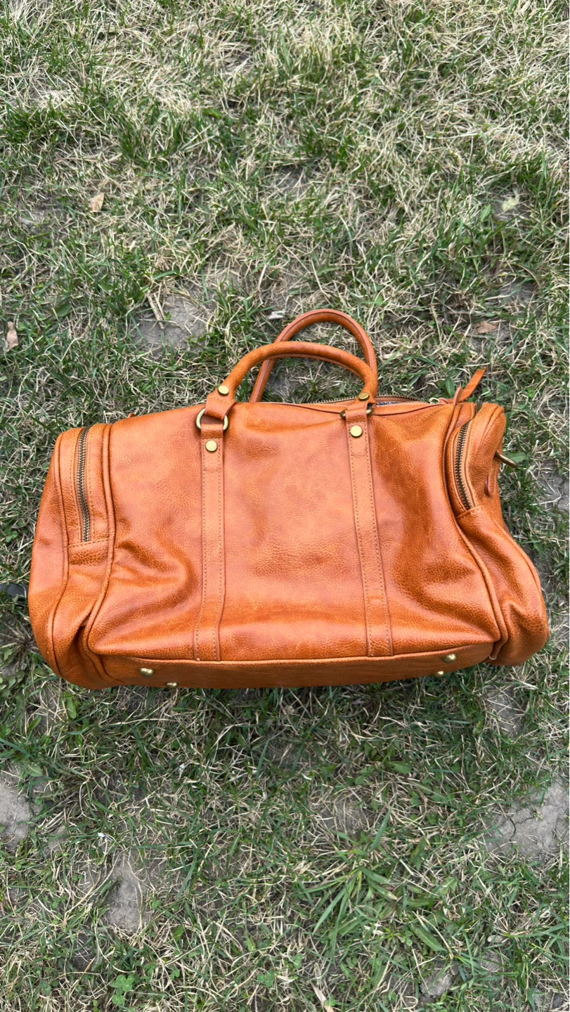 Brown Faux Leather Duffle Bag with Adjustable Strap