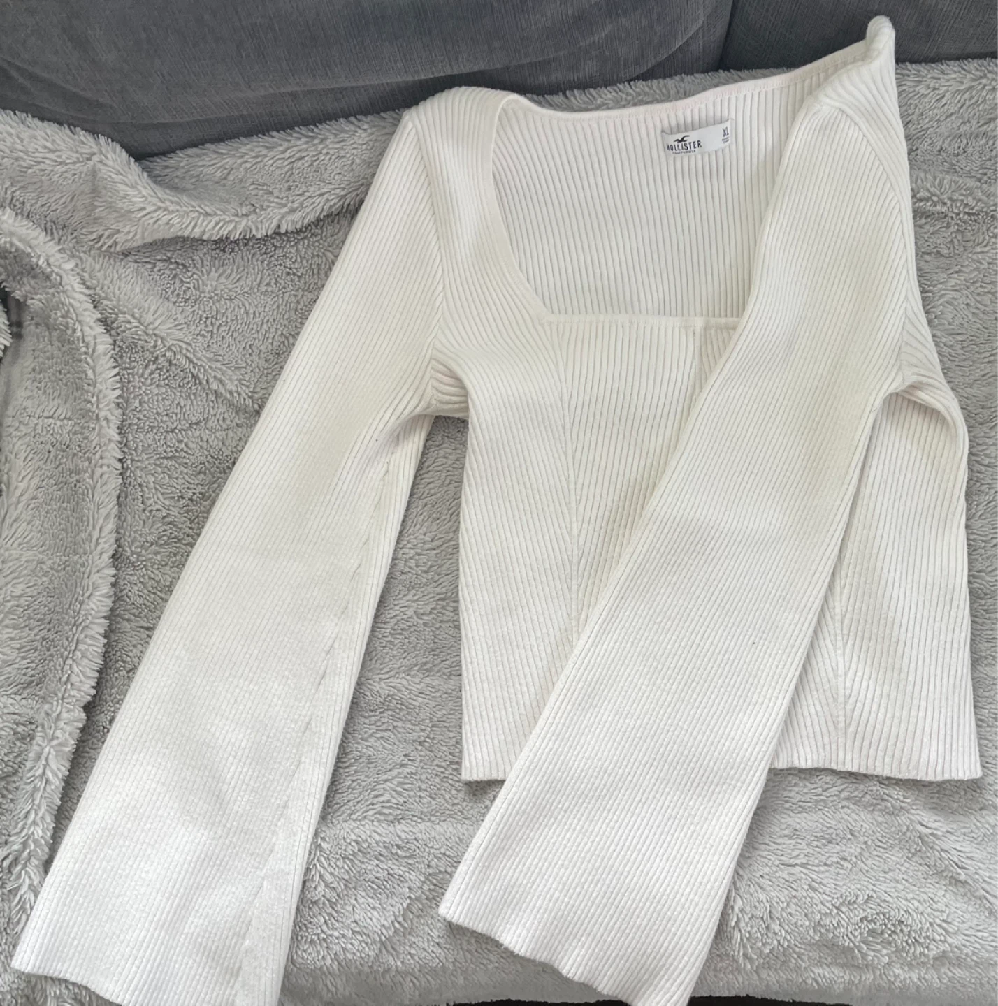 Hollister White Ribbed Square Neck Long Sleeve Top XL