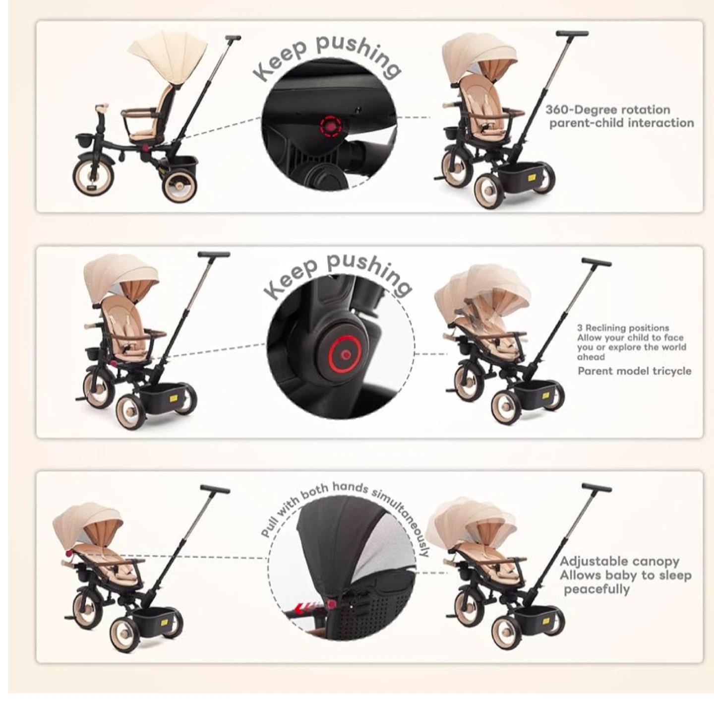 7-in-1 Kids Tricycle with Parent Handle - Beige - photo 3