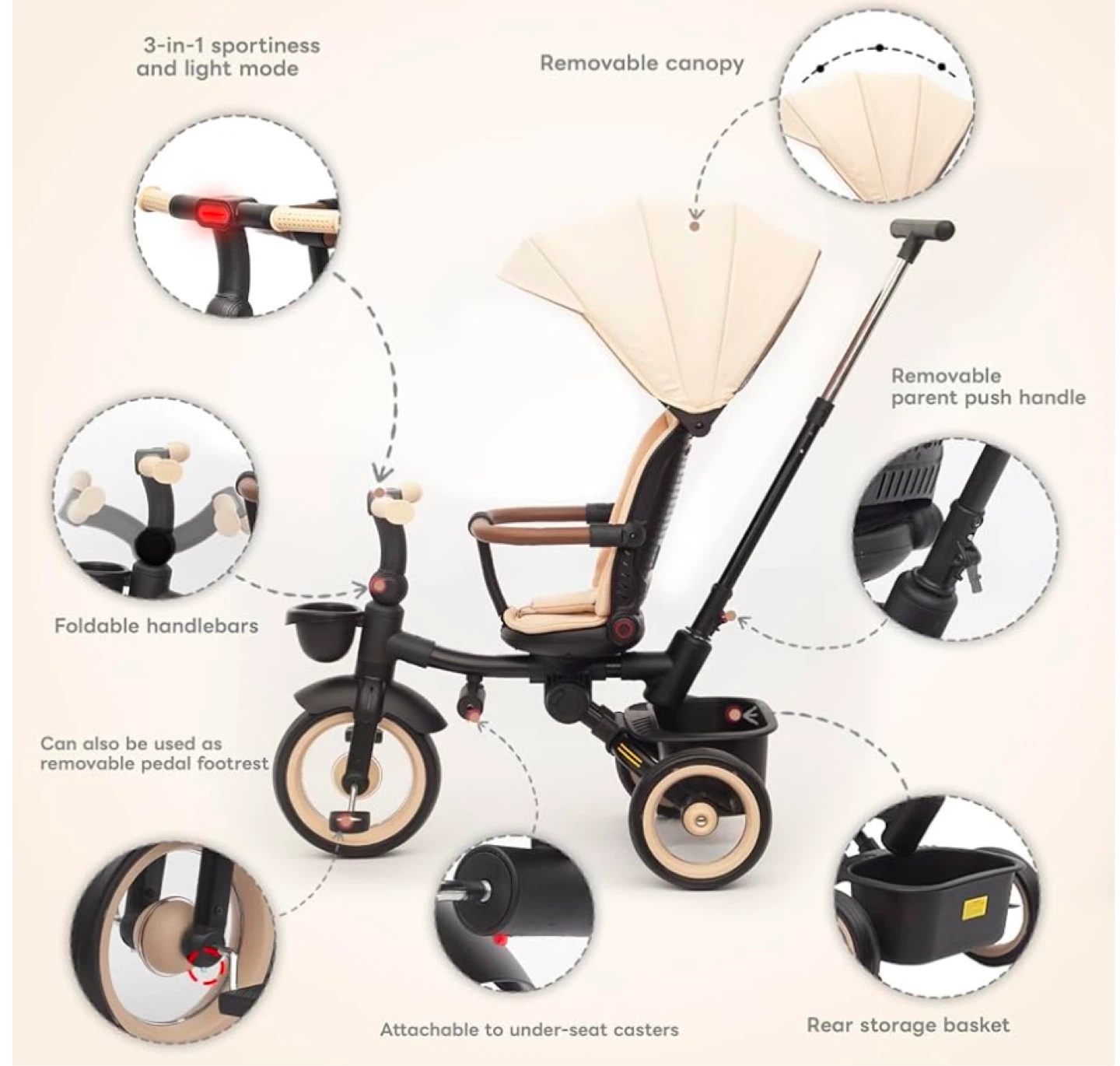 7-in-1 Kids Tricycle with Parent Handle - Beige - photo 4