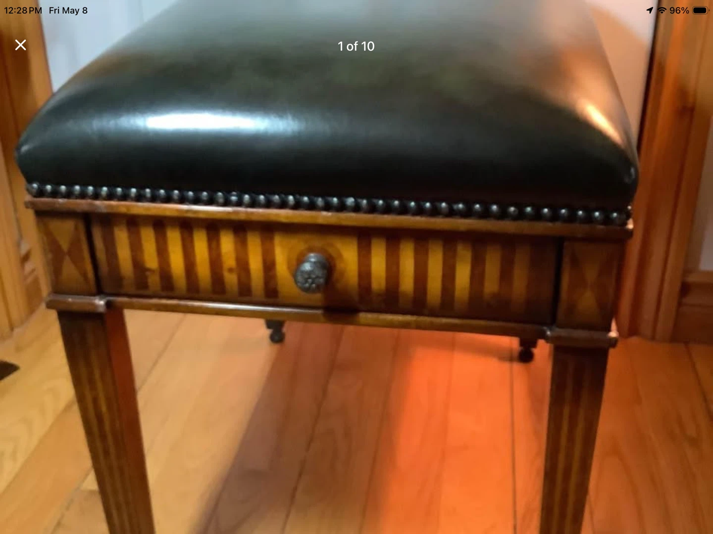 Vtg Wood Bench w Studded Leather Upholstery & 2 Drawers🐞