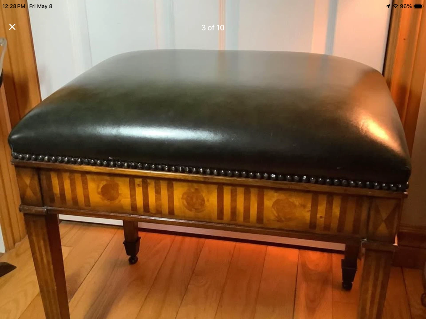 Vtg Wood Bench w Studded Leather Upholstery & 2 Drawers🐞 - photo 3