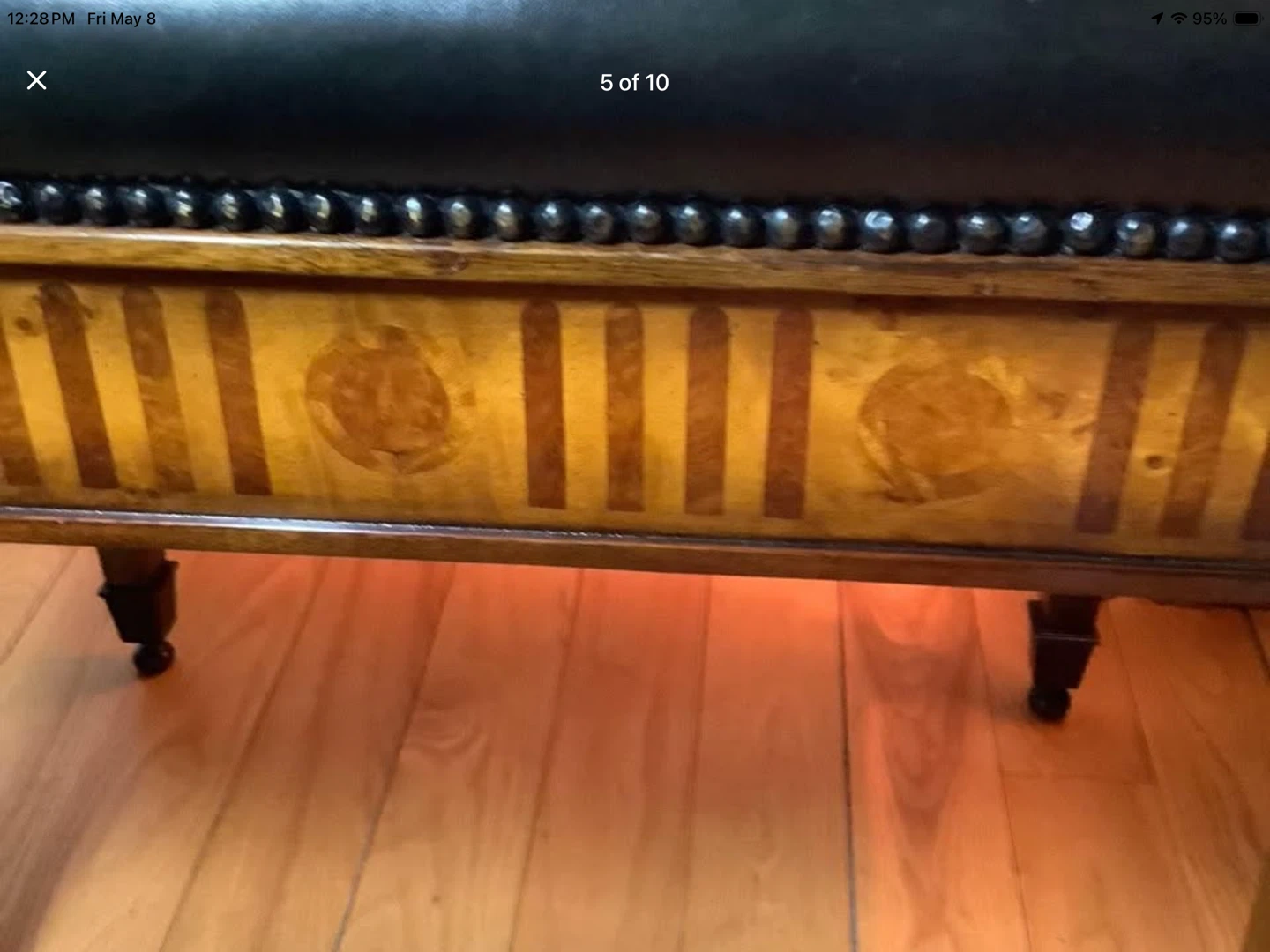 Vtg Wood Bench w Studded Leather Upholstery & 2 Drawers🐞 - photo 2